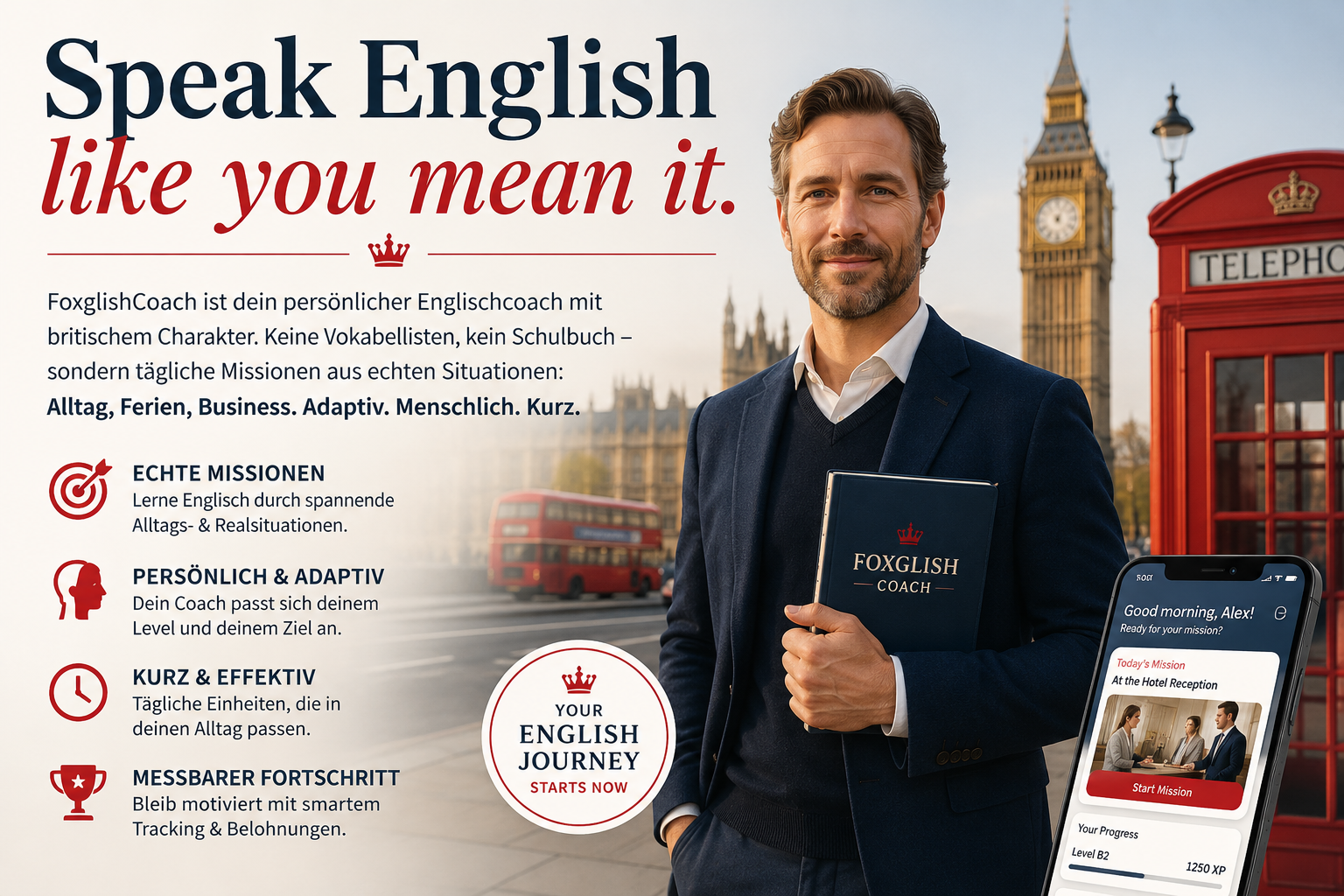 Foxglish Coach — Use English like you mean it, mit Big Ben und rotem Doppeldeckerbus in London